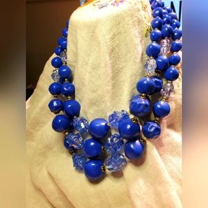 Vintage Germany Blue Aura Beaded Bib Necklace Three Strand Layered Royal…